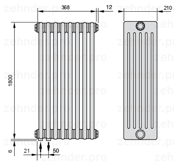 Схема (чертеж) Радиатор Zehnder Charleston 6180/8 №3370 Белый глянцевый RAL 9016
